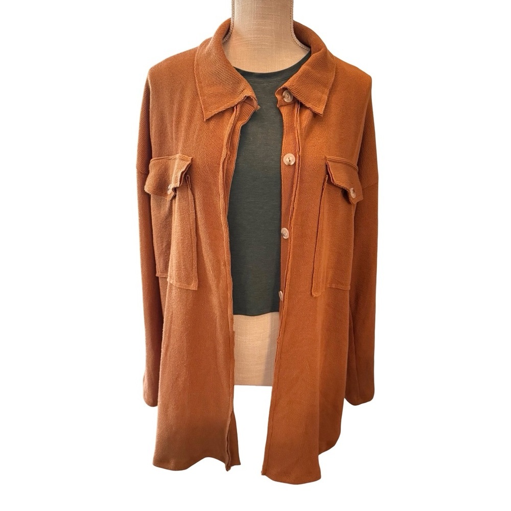 Molly Green Rust Brown Ribbed Knit Oversized Button-Down Shirt